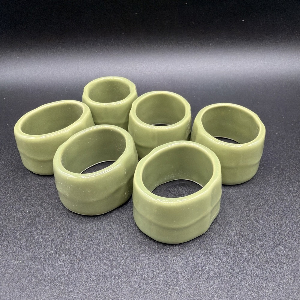 VINTAGE Kennex Group Isabella Sage Green Napkin Rings 6 Pc Set Round Stoneware